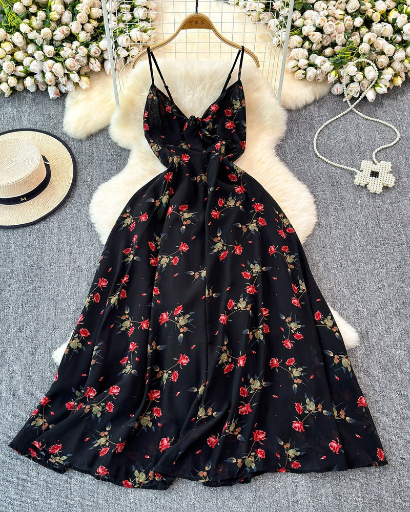 Boho Floral Print Spaghetti Strap A-Line Dress – Summer Beach Vacation Cami Dress