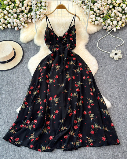 Boho Floral Print Spaghetti Strap A-Line Dress – Summer Beach Vacation Cami Dress