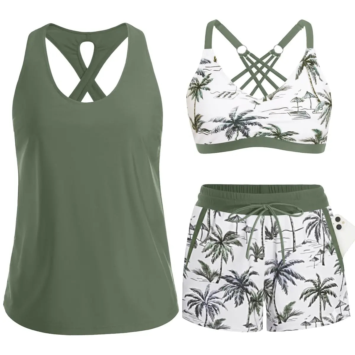3-Piece Tropical Print Tankini Swimsuit Set with Crossback Top and Drawstring Shorts