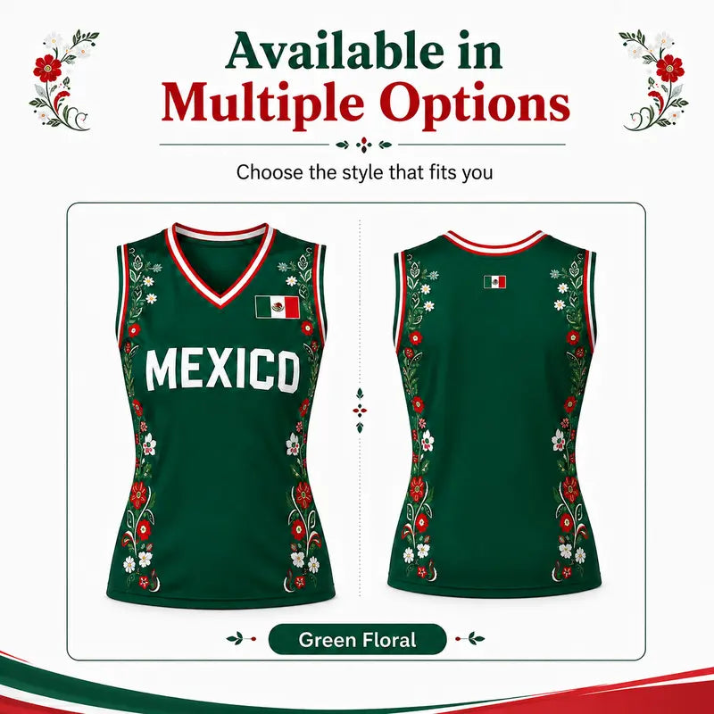 Women Floral Mexico Flag Sleeveless V Neck Soccer Fan Jersey Top