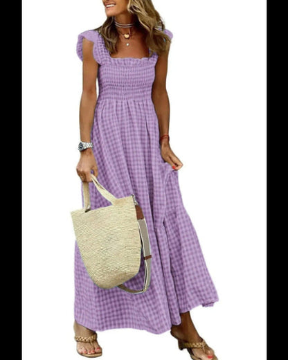 Women's Retro Plaid Smocked Maxi Dress with Pockets - Sleeveless Flowy Casual Dress