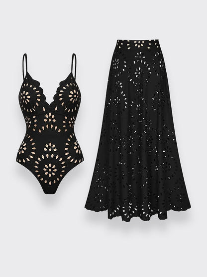 Flower Hollow One Piece Swimsuit and Skirt