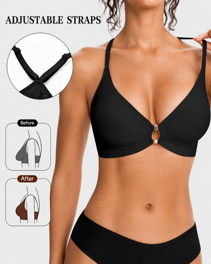 Front Closure Wireless Plunge Lace Racerback Bra