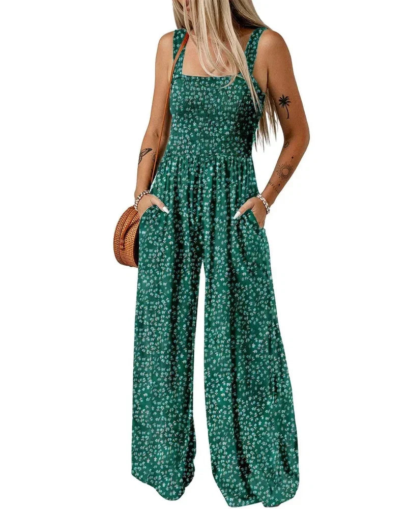 Bohemian Sleeveless Wide Leg Jumpsuit With Pockets
