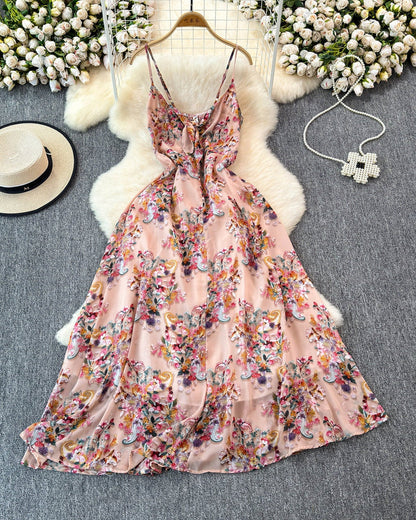 Boho Floral Print Spaghetti Strap A-Line Dress – Summer Beach Vacation Cami Dress