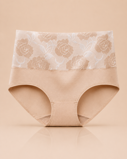 High Waist Cotton Briefs with Soft Floral Lace Waistband