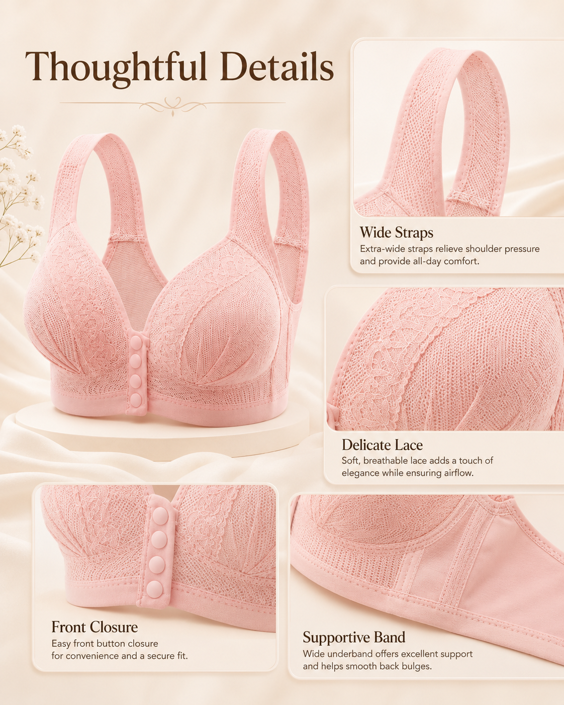 Women's Front Closure Push-Up Jacquard Bra - Comfort & Style