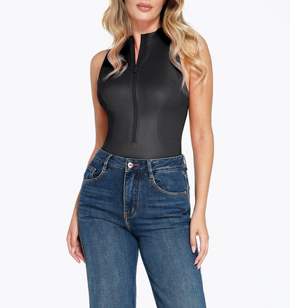 Shapewear Faux Leather Mock Neck Zip Front Sculpting Bodysuit
