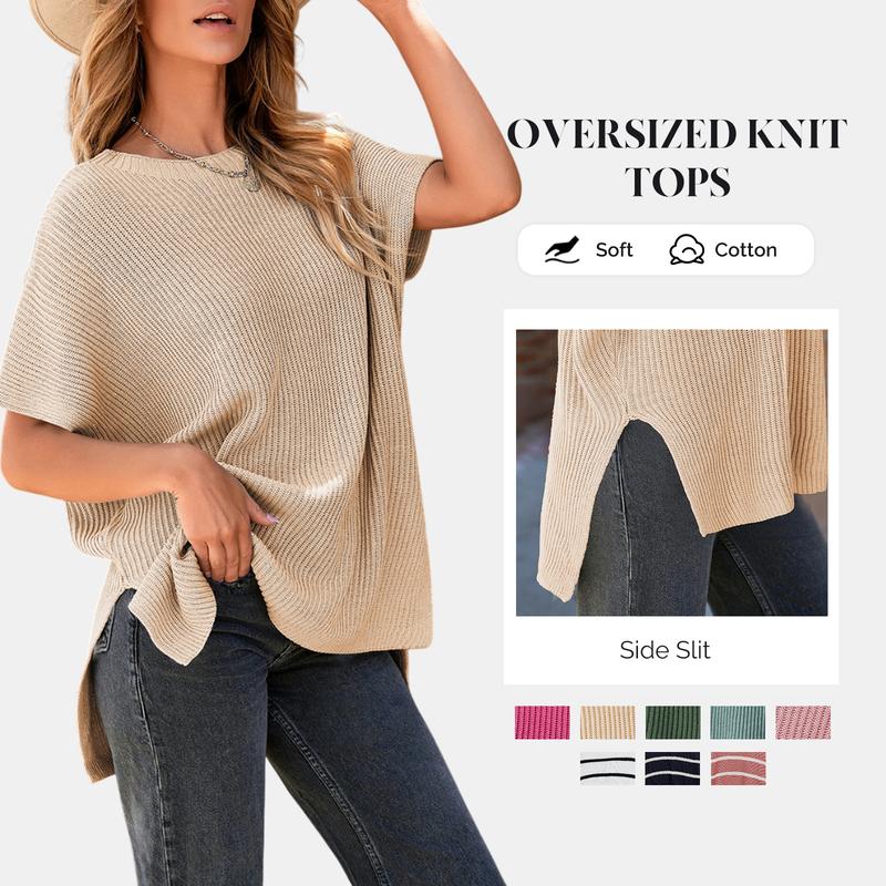 Women's Summer Solid Wool Pullover - Round Neck, Loose Short-Sleeve