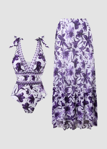 V Neck Lace Up Strip Plant Prints One Piece Swimsuit and Skirt/Sarong