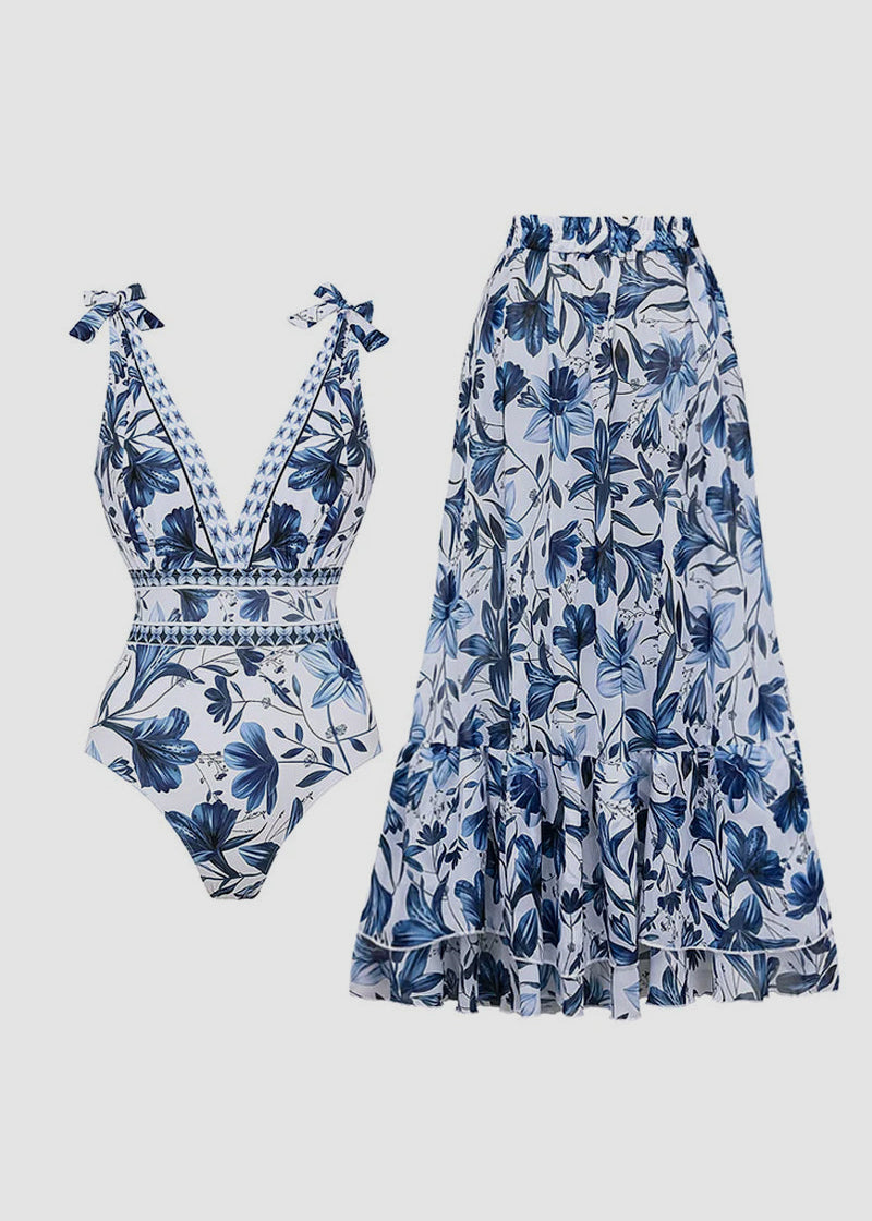 V Neck Lace Up Strip Plant Prints One Piece Swimsuit and Skirt/Sarong