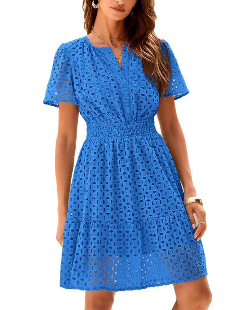 Women V Neck Lace  Eyelet A Line Summer Dress