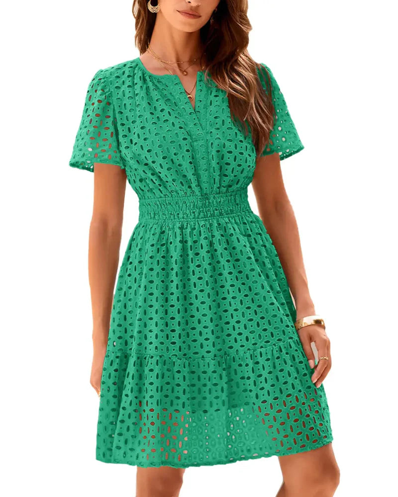 Women V Neck Lace  Eyelet A Line Summer Dress