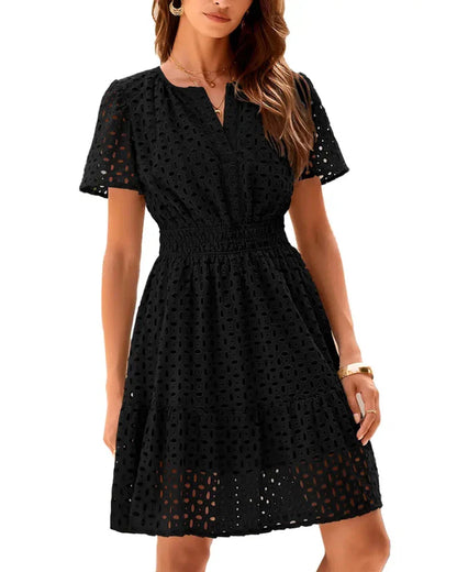 Women V Neck Lace  Eyelet A Line Summer Dress