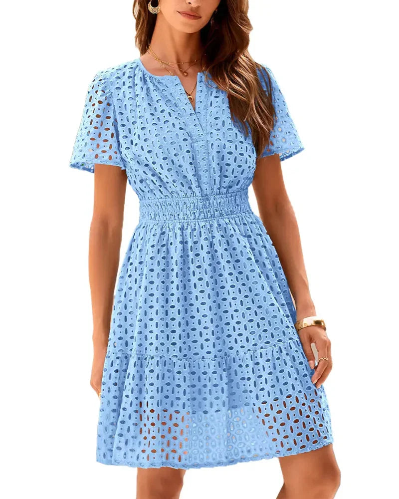 Women V Neck Lace  Eyelet A Line Summer Dress