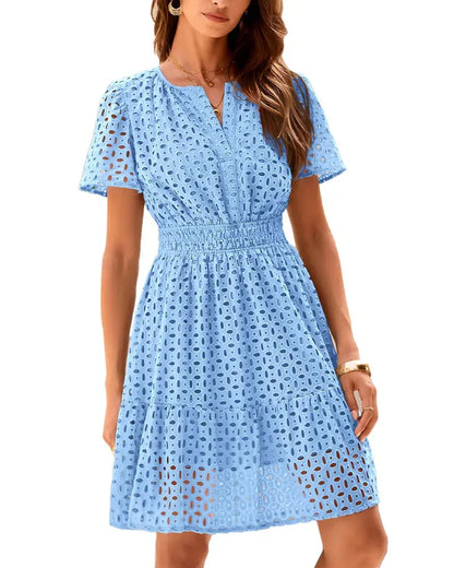 Women V Neck Lace  Eyelet A Line Summer Dress