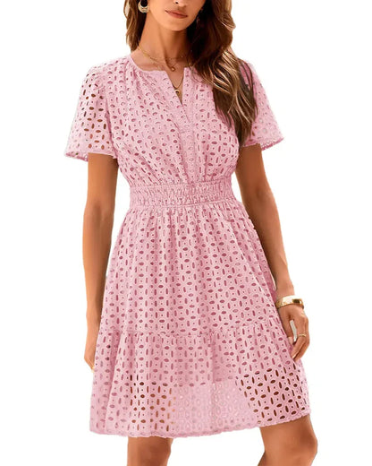 Women V Neck Lace  Eyelet A Line Summer Dress