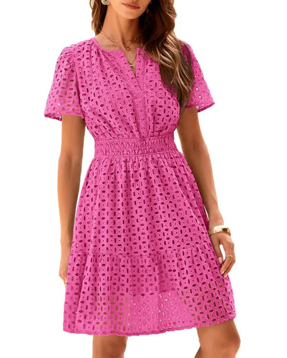 Women V Neck Lace  Eyelet A Line Summer Dress