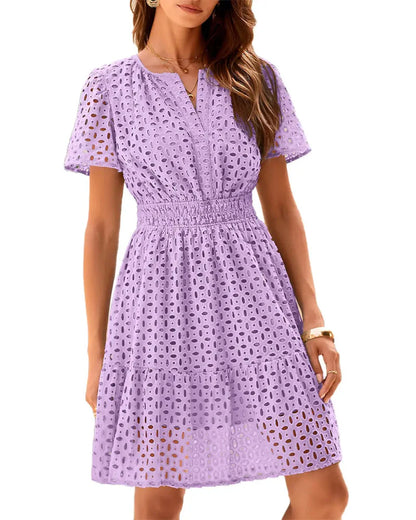Women V Neck Lace  Eyelet A Line Summer Dress