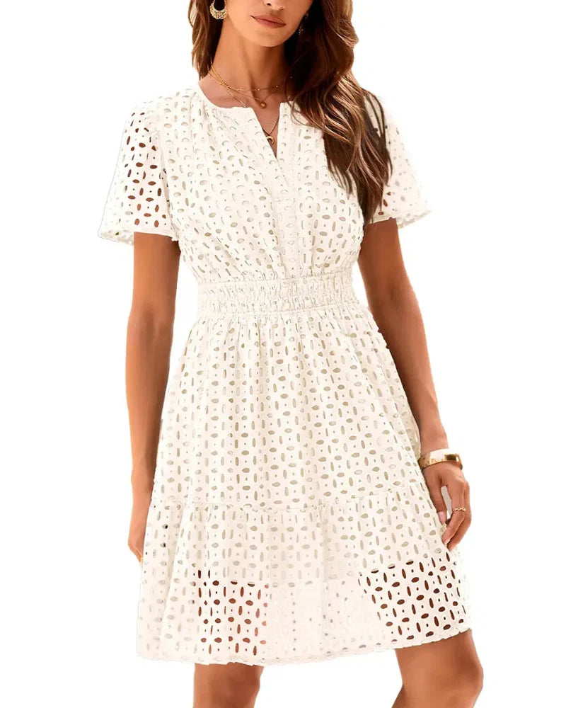 Women V Neck Lace  Eyelet A Line Summer Dress