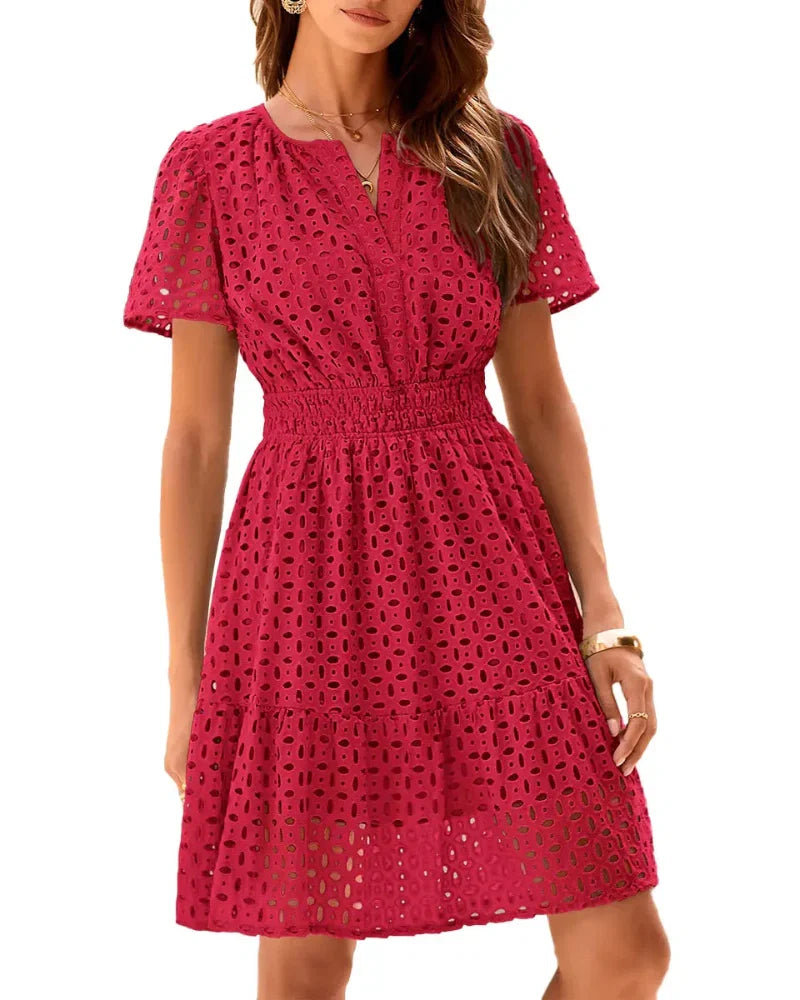 Women V Neck Lace  Eyelet A Line Summer Dress