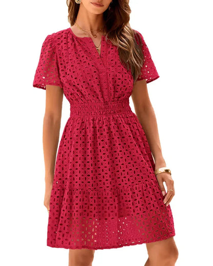 Women V Neck Lace  Eyelet A Line Summer Dress