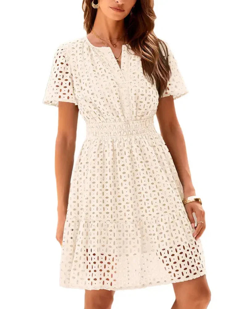 Women V Neck Lace  Eyelet A Line Summer Dress