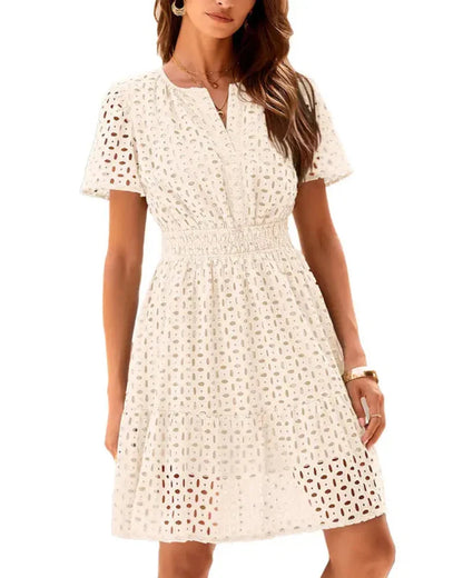 Women V Neck Lace  Eyelet A Line Summer Dress