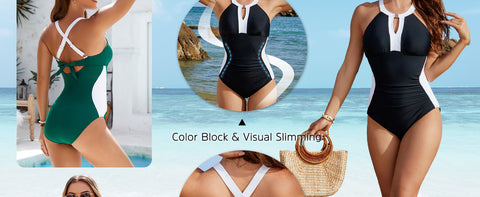 Full Coverage Retro Color Block Swimwear