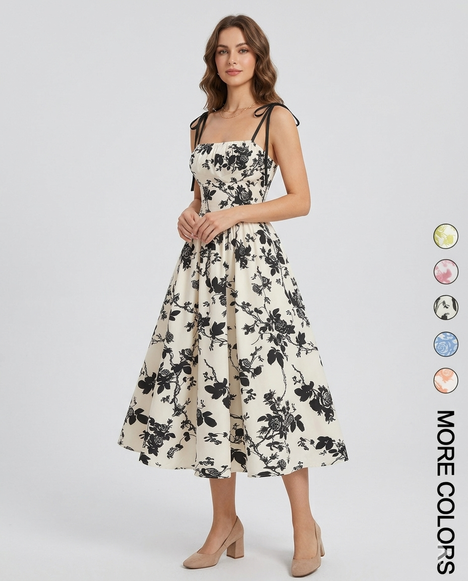 Curvy Floral Print Tie Shoulder Midi Cami Dress