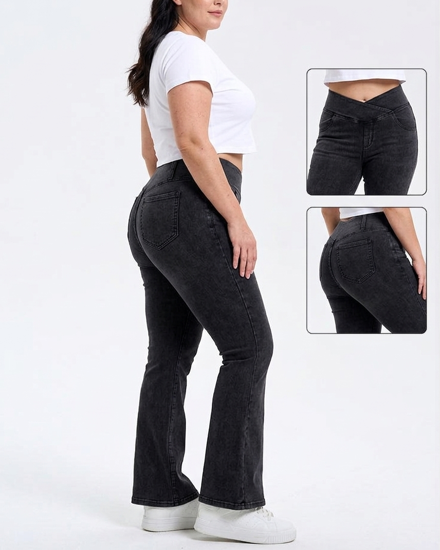 Curvy Fit High Waist Crossover Flare Denim Jeans - Illusion Pocket Stretch