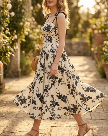 Curvy Floral Print Tie Shoulder Midi Cami Dress