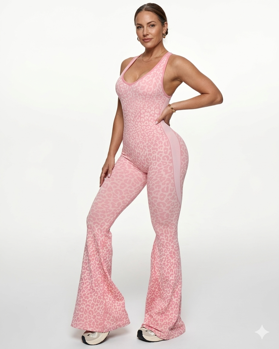 Curvy Seamless Leopard Print Backless Yoga Jumpsuit