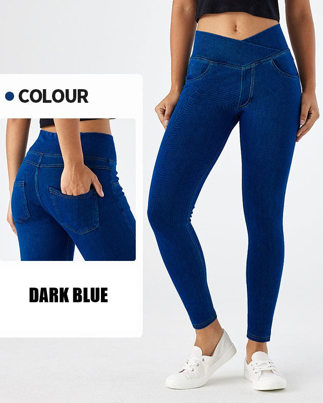 Curvy Fit High Waist Crossover Flare Denim Jeans - Illusion Pocket Stretch