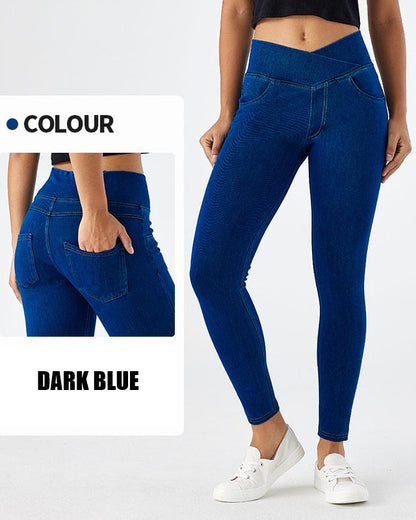 Curvy Fit High Waist Crossover Flare Denim Jeans - Illusion Pocket Stretch