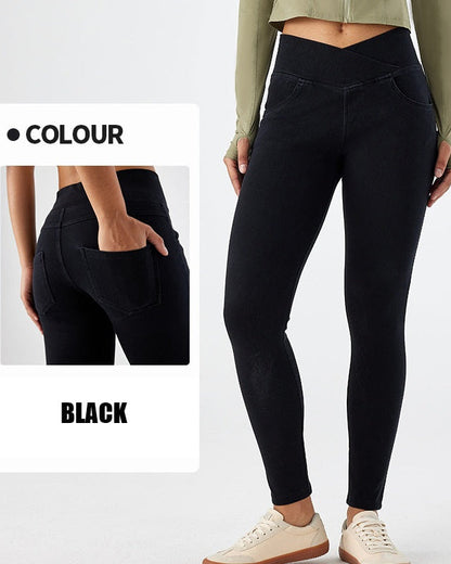 Curvy Fit High Waist Crossover Flare Denim Jeans - Illusion Pocket Stretch