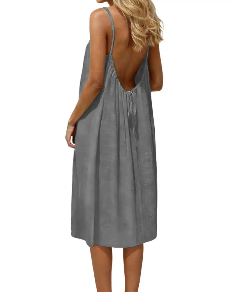 Knee-Length Solid Color Backless Cami Dress