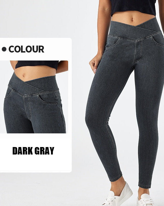 Curvy Fit High Waist Crossover Flare Denim Jeans - Illusion Pocket Stretch