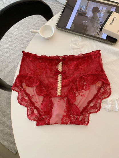 Sheer Floral Lace Bow Panties with Cotton Gusset