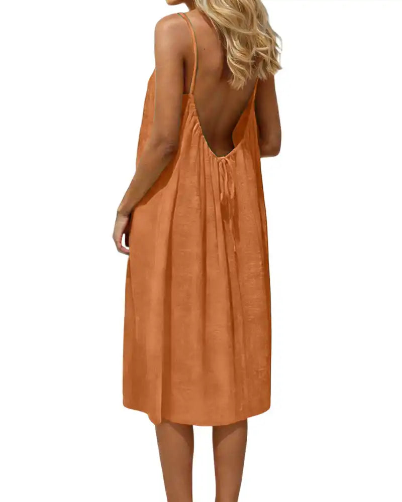 Knee-Length Solid Color Backless Cami Dress