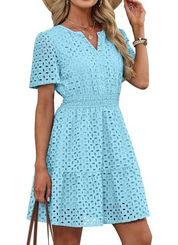 Women V Neck Lace  Eyelet A Line Summer Dress