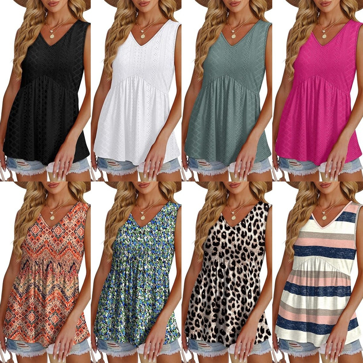 Women's V-Neck Babydoll Tank Tops - Flowy Sleeveless Summer Blouse