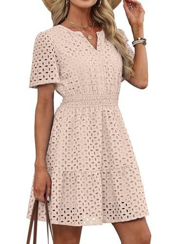 Women V Neck Lace  Eyelet A Line Summer Dress