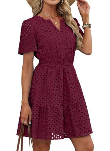 Women V Neck Lace  Eyelet A Line Summer Dress