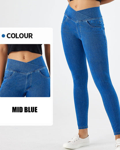 Curvy Fit High Waist Crossover Flare Denim Jeans - Illusion Pocket Stretch