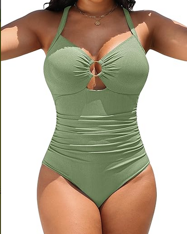 Cutout Tummy Control One Piece Swimsuit with Ruched Waist and Adjustable Straps
