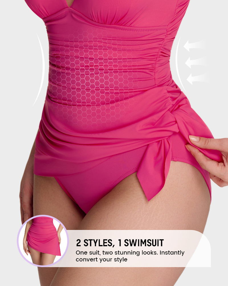 Ruched V-Neck Side Tie Slimming Swim Dress