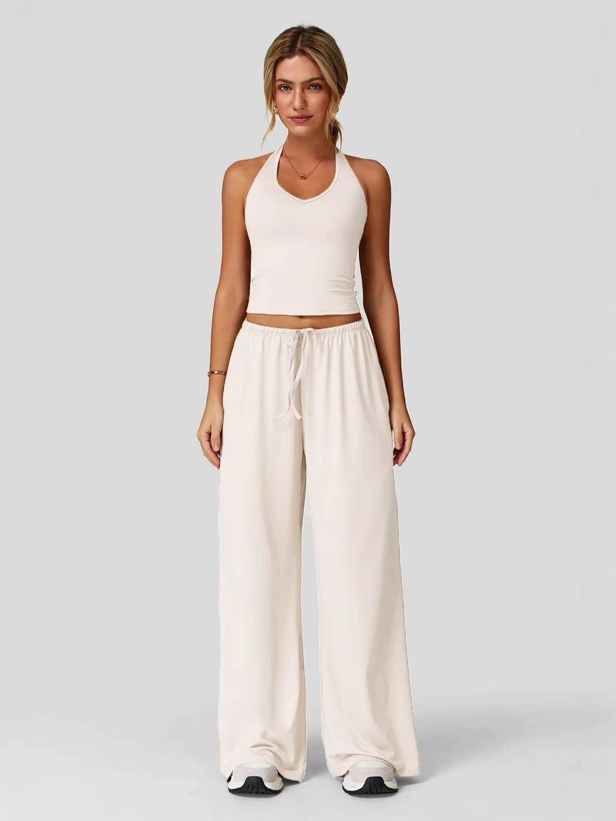 Women's Summer V Neck Top & Wide Leg Pants Set