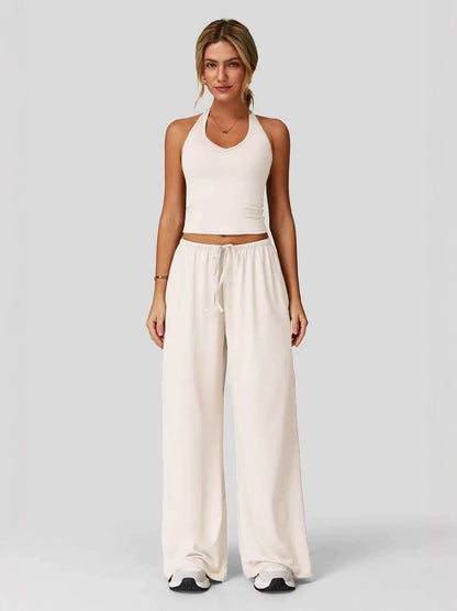 Women's Summer V Neck Top & Wide Leg Pants Set