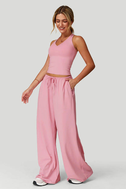 Women's Summer V Neck Top & Wide Leg Pants Set